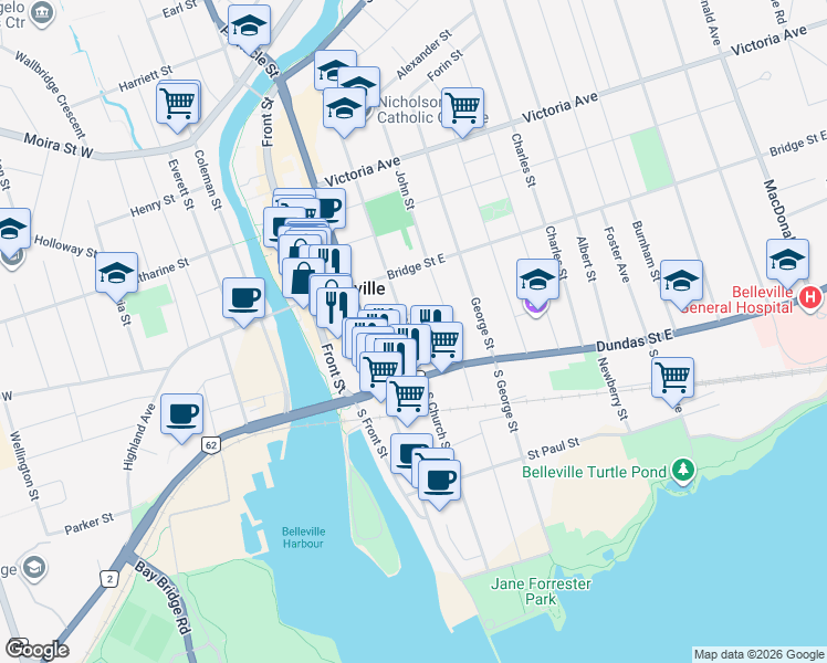 map of restaurants, bars, coffee shops, grocery stores, and more near 165 Church Street in Belleville