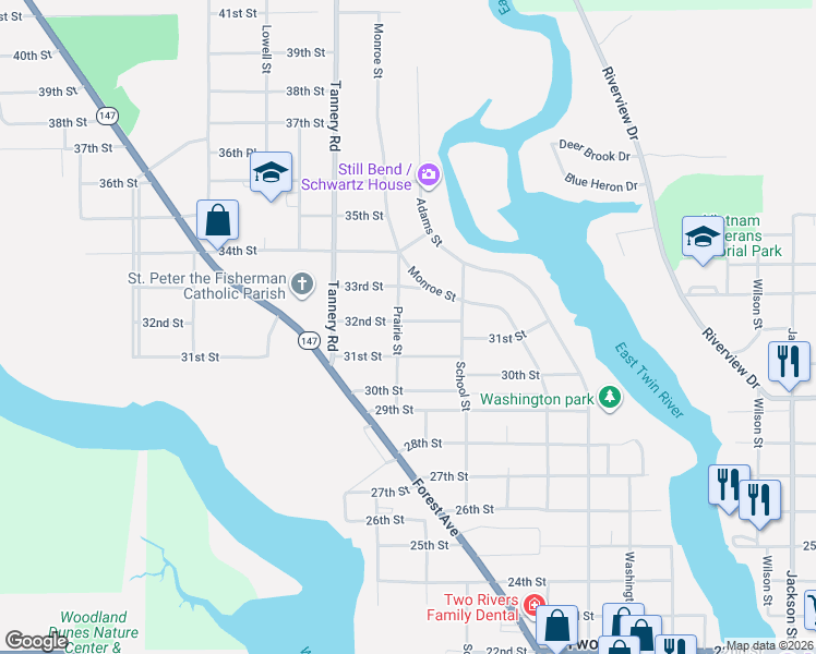 map of restaurants, bars, coffee shops, grocery stores, and more near 3202 Prairie Street in Two Rivers