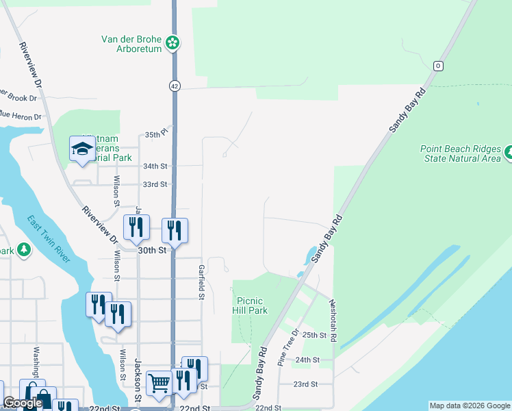 map of restaurants, bars, coffee shops, grocery stores, and more near 2911 Sandy Ridge Drive in Two Rivers