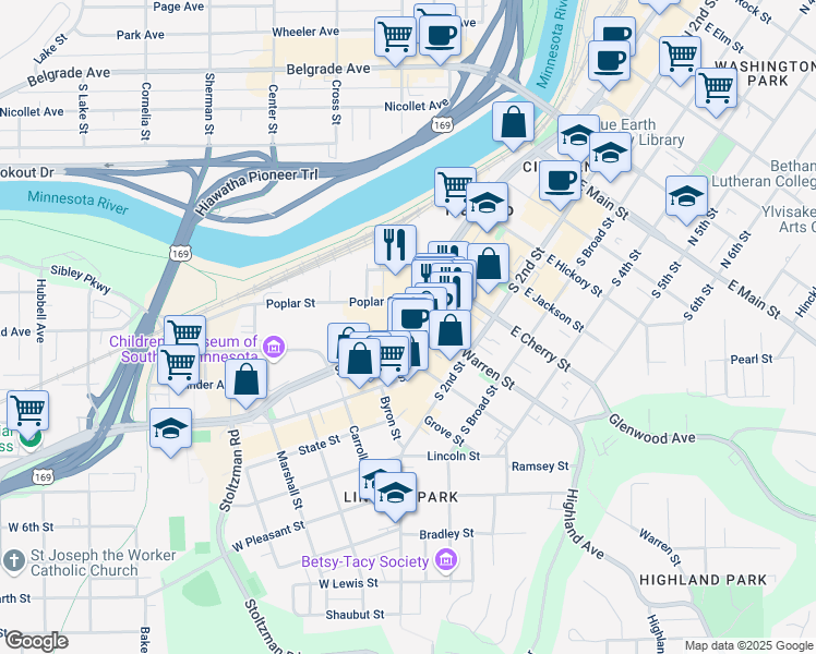 map of restaurants, bars, coffee shops, grocery stores, and more near 602 South Front Street in Mankato