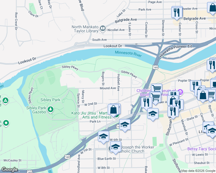 map of restaurants, bars, coffee shops, grocery stores, and more near 426 Mound Avenue in Mankato