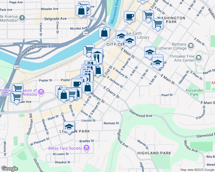 map of restaurants, bars, coffee shops, grocery stores, and more near 430 South Broad Street in Mankato