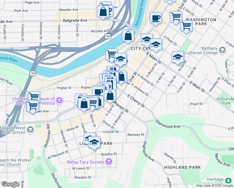 map of restaurants, bars, coffee shops, grocery stores, and more near 140 Homestead Road in Mankato