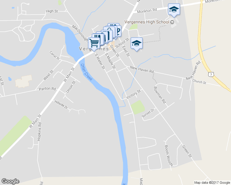 map of restaurants, bars, coffee shops, grocery stores, and more near 92 South Water Street in Vergennes