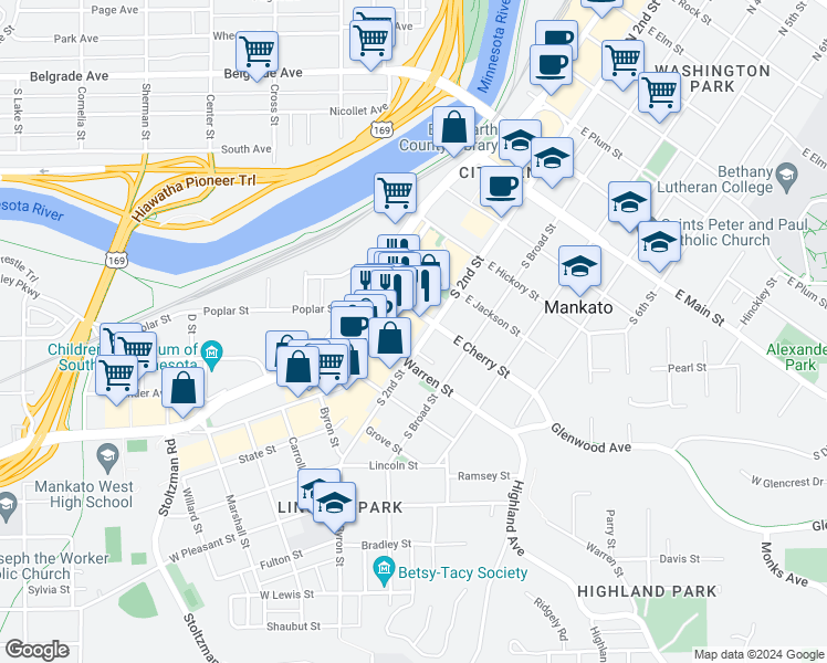 map of restaurants, bars, coffee shops, grocery stores, and more near 530 South Front Street in Mankato