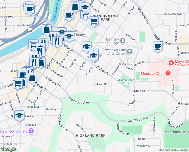 map of restaurants, bars, coffee shops, grocery stores, and more near 102 Beech Street in Mankato