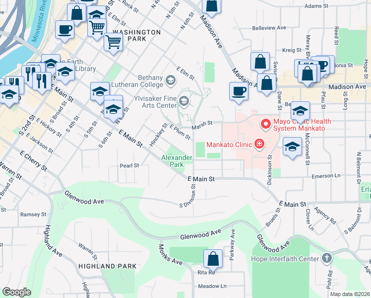 map of restaurants, bars, coffee shops, grocery stores, and more near 1010 East Mulberry Street in Mankato