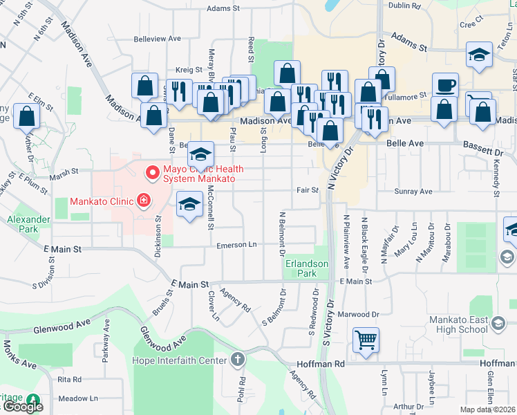 map of restaurants, bars, coffee shops, grocery stores, and more near 172 Long Street in Mankato