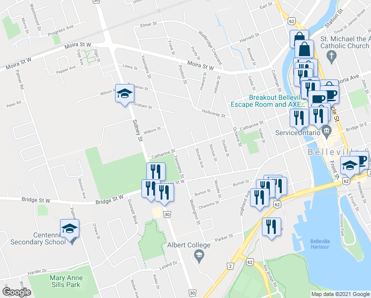 map of restaurants, bars, coffee shops, grocery stores, and more near 129 Catharine Street in Belleville