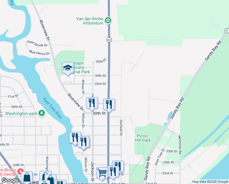 map of restaurants, bars, coffee shops, grocery stores, and more near 3203 Lincoln Avenue in Two Rivers