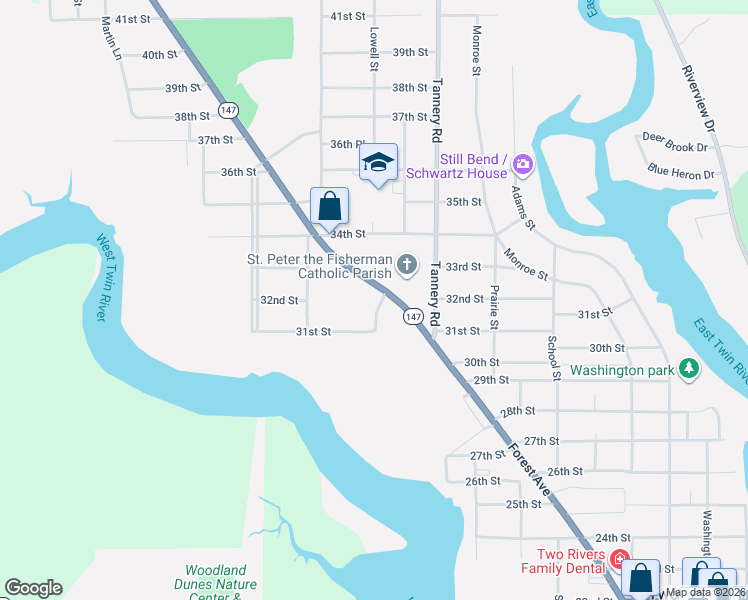 map of restaurants, bars, coffee shops, grocery stores, and more near 3132 Mishicot Road in Two Rivers