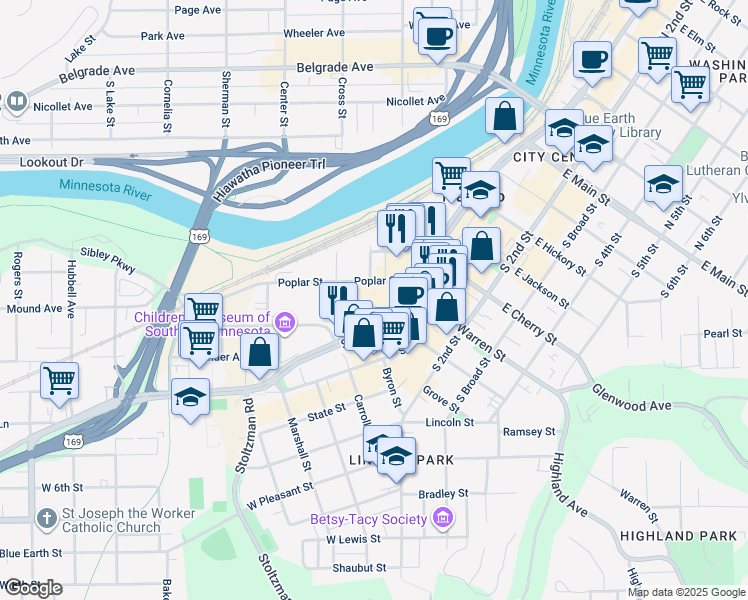 map of restaurants, bars, coffee shops, grocery stores, and more near 698 South Riverfront Drive in Mankato