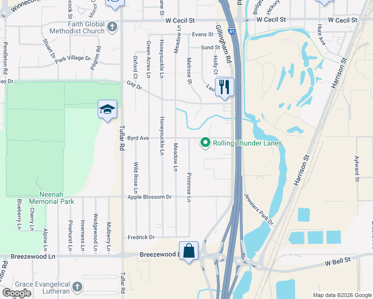 map of restaurants, bars, coffee shops, grocery stores, and more near 1213 Primrose Lane in Neenah