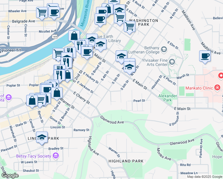 map of restaurants, bars, coffee shops, grocery stores, and more near 227 South 5th Street in Mankato