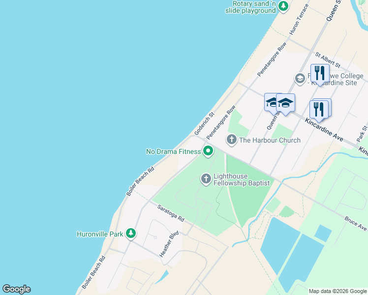 map of restaurants, bars, coffee shops, grocery stores, and more near 147 Goderich Street in Kincardine