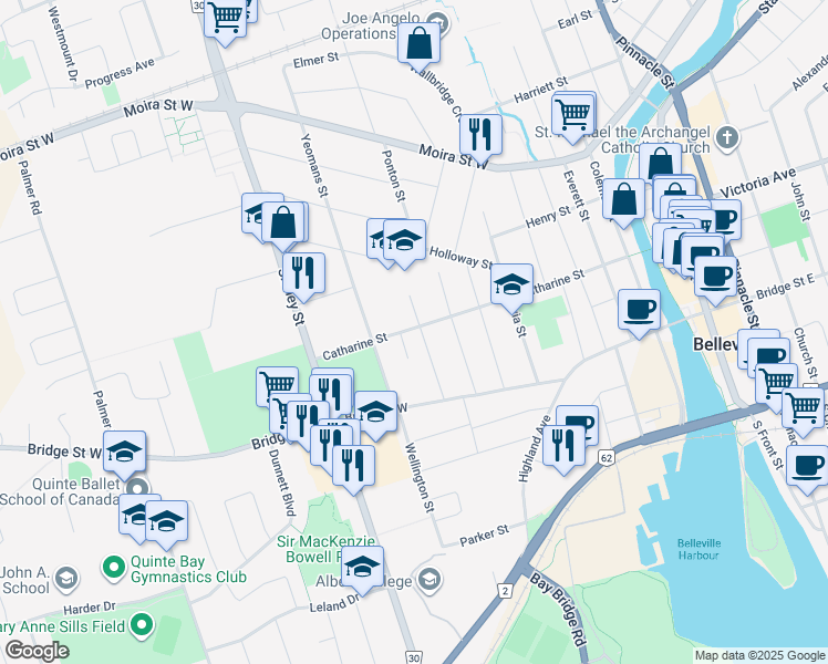 map of restaurants, bars, coffee shops, grocery stores, and more near 121 Catharine Street in Belleville