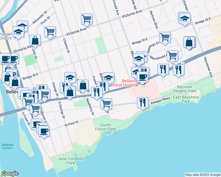 map of restaurants, bars, coffee shops, grocery stores, and more near 196 Dundas Street East in Belleville