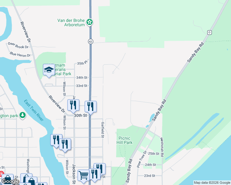 map of restaurants, bars, coffee shops, grocery stores, and more near 3114 Garfield Street in Two Rivers