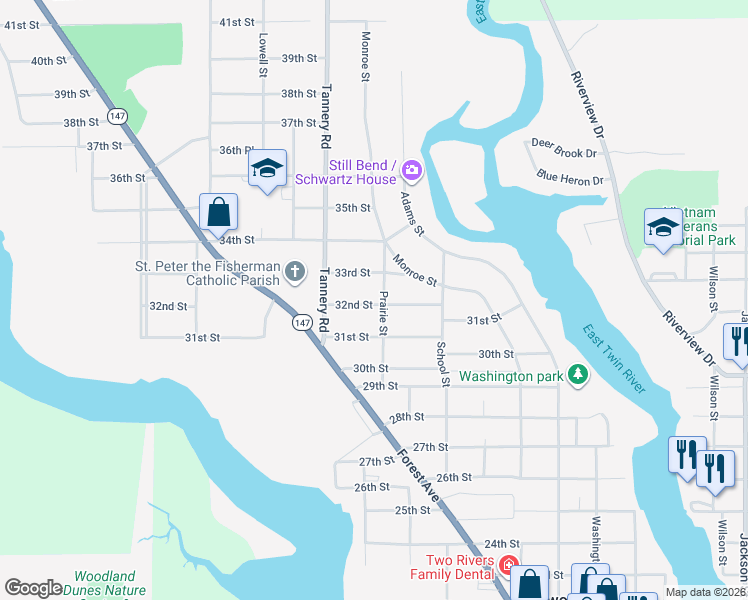 map of restaurants, bars, coffee shops, grocery stores, and more near 3202 Prairie Street in Two Rivers