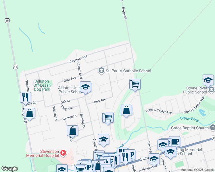 map of restaurants, bars, coffee shops, grocery stores, and more near 5 Irwin Crescent in New Tecumseth