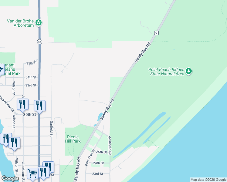 map of restaurants, bars, coffee shops, grocery stores, and more near 2828 County Road O in Two Rivers