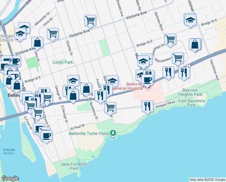 map of restaurants, bars, coffee shops, grocery stores, and more near 200 Dundas Street East in Belleville