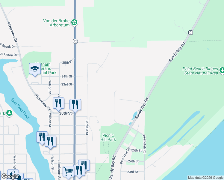 map of restaurants, bars, coffee shops, grocery stores, and more near 2911 Sandy Ridge Drive in Two Rivers