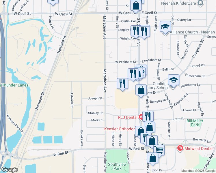 map of restaurants, bars, coffee shops, grocery stores, and more near 2108 Marathon Avenue in Neenah