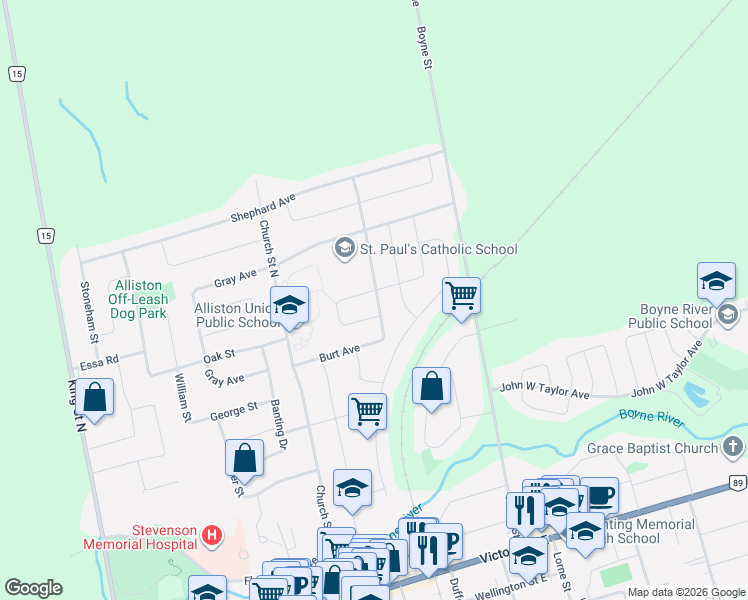 map of restaurants, bars, coffee shops, grocery stores, and more near 73 James A. McCague Avenue in New Tecumseth
