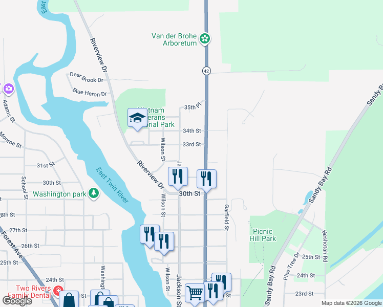 map of restaurants, bars, coffee shops, grocery stores, and more near 3204 Lincoln Avenue in Two Rivers