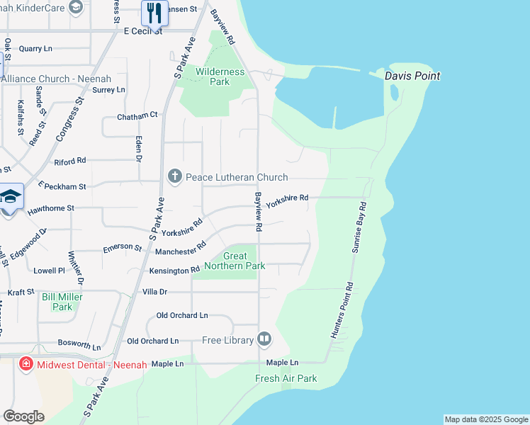 map of restaurants, bars, coffee shops, grocery stores, and more near 800 Manchester Court in Neenah