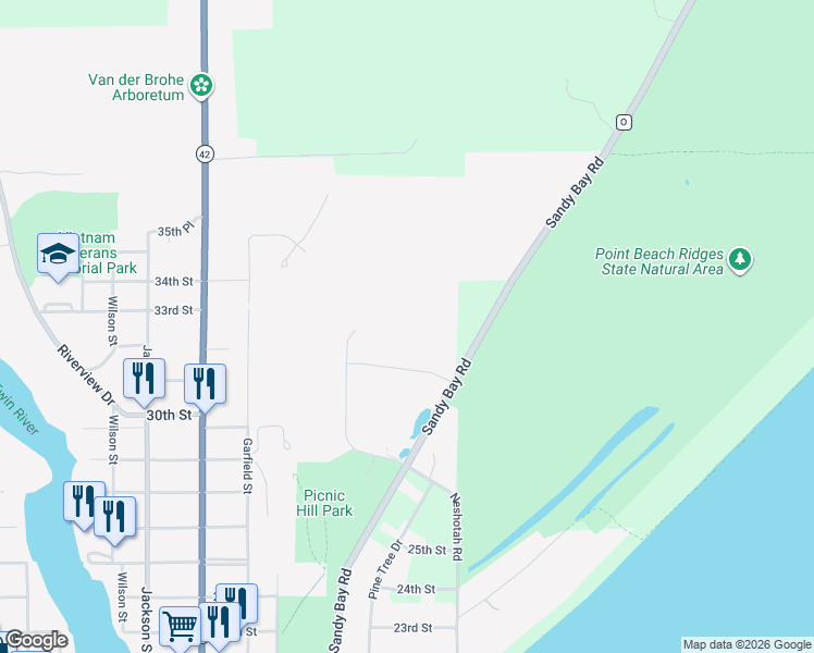map of restaurants, bars, coffee shops, grocery stores, and more near 2828 County Road O in Two Rivers