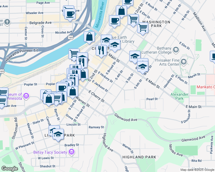 map of restaurants, bars, coffee shops, grocery stores, and more near 321 East Jackson Street in Mankato