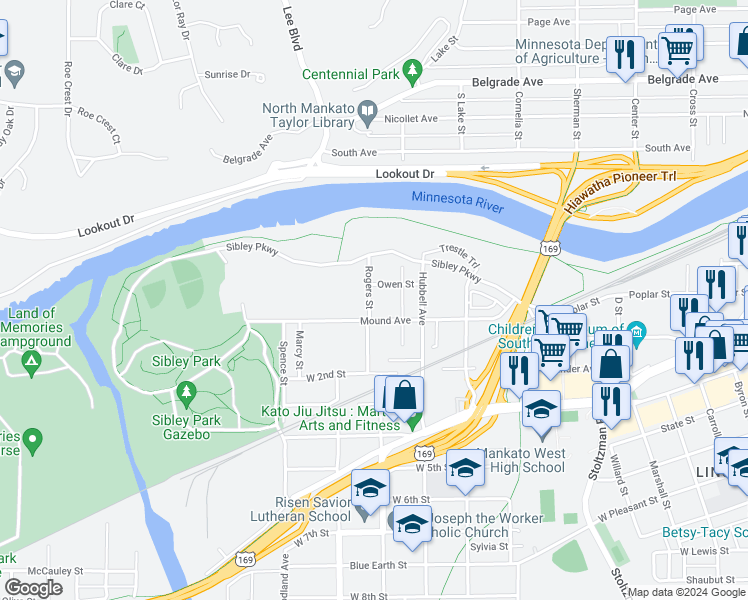 map of restaurants, bars, coffee shops, grocery stores, and more near 108 Rogers Street in Mankato