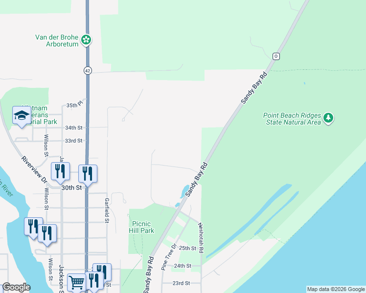 map of restaurants, bars, coffee shops, grocery stores, and more near 2828 County Road O in Two Rivers