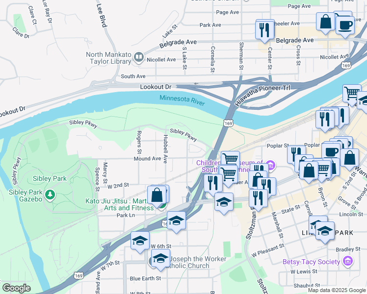 map of restaurants, bars, coffee shops, grocery stores, and more near 306 Mound Avenue in Mankato