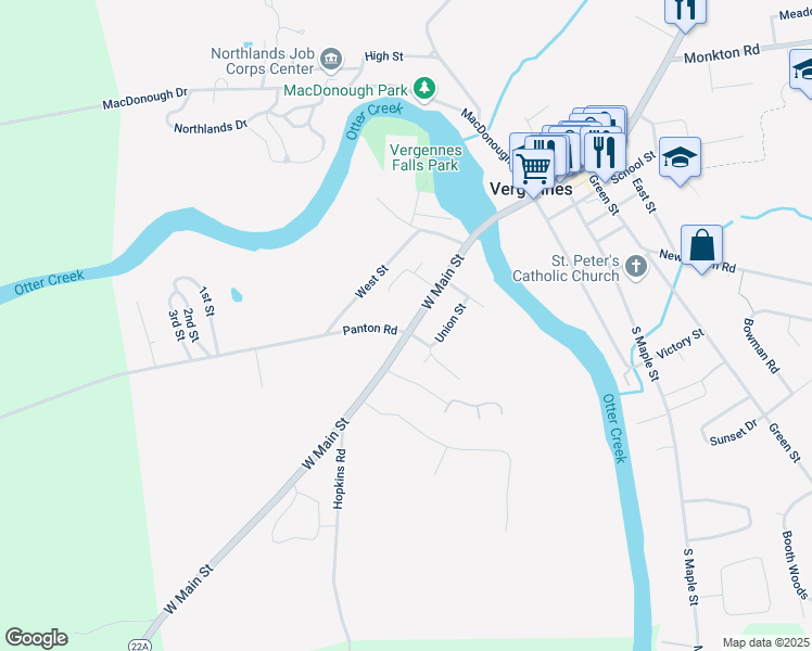 map of restaurants, bars, coffee shops, grocery stores, and more near 64 West Main Street in Vergennes