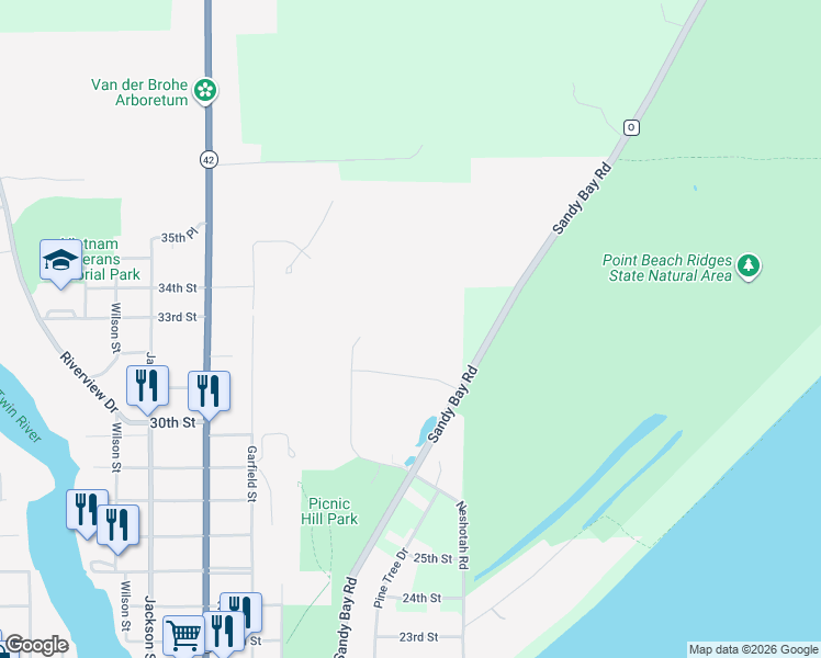 map of restaurants, bars, coffee shops, grocery stores, and more near 2828 County Road O in Two Rivers