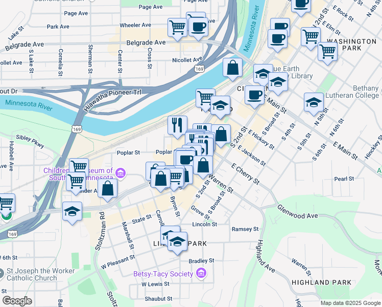 map of restaurants, bars, coffee shops, grocery stores, and more near 602 South Front Street in Mankato