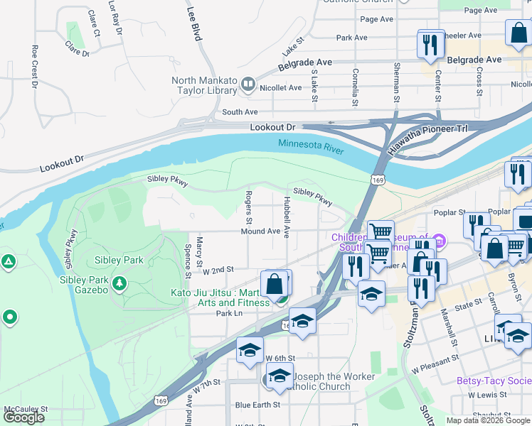 map of restaurants, bars, coffee shops, grocery stores, and more near 426 Mound Avenue in Mankato
