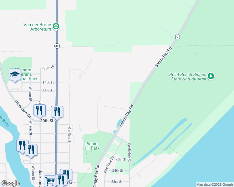map of restaurants, bars, coffee shops, grocery stores, and more near 2828 County Road O in Two Rivers