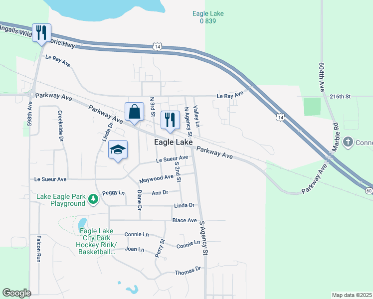 map of restaurants, bars, coffee shops, grocery stores, and more near 104 Le Sueur Avenue in Eagle Lake