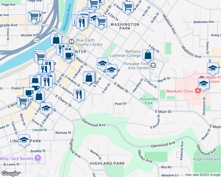 map of restaurants, bars, coffee shops, grocery stores, and more near 102 Beech Street in Mankato