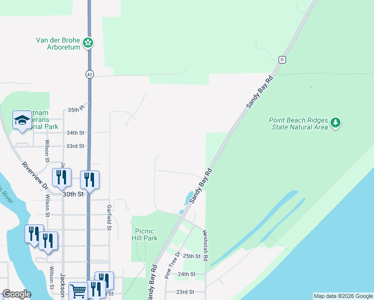 map of restaurants, bars, coffee shops, grocery stores, and more near 2828 County Road O in Two Rivers
