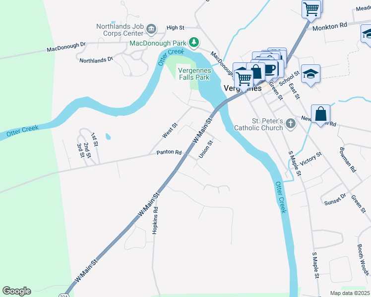 map of restaurants, bars, coffee shops, grocery stores, and more near 64 West Main Street in Vergennes