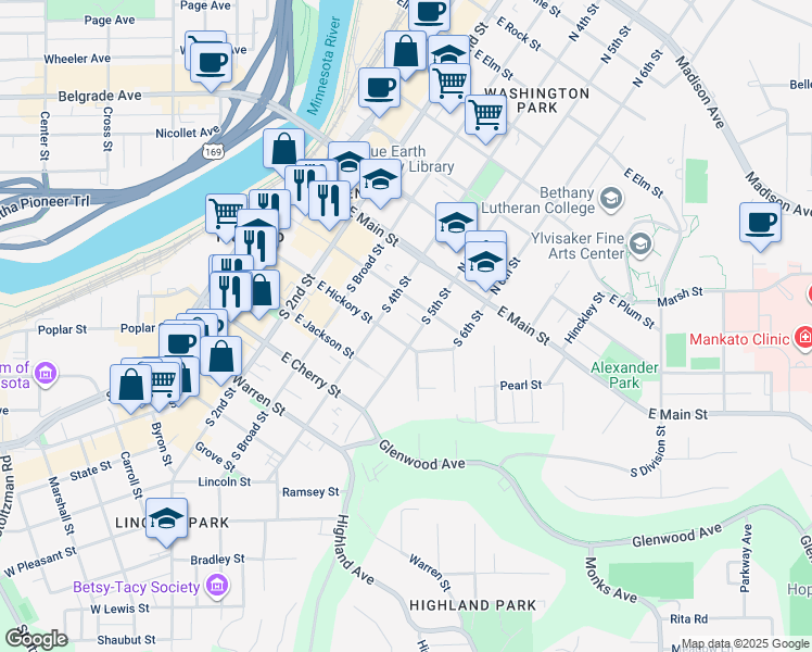map of restaurants, bars, coffee shops, grocery stores, and more near Jace Drive in Mankato