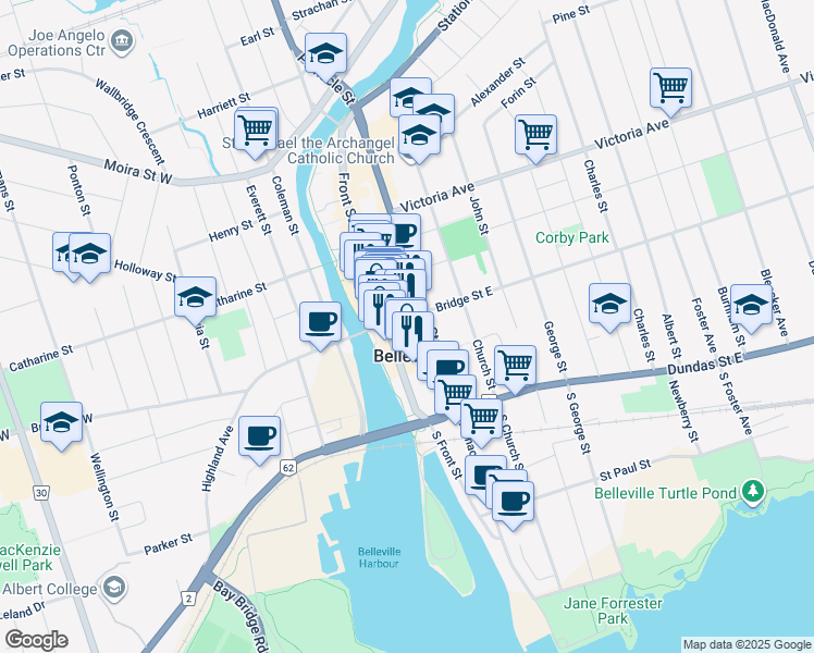 map of restaurants, bars, coffee shops, grocery stores, and more near 199 Front Street in Belleville