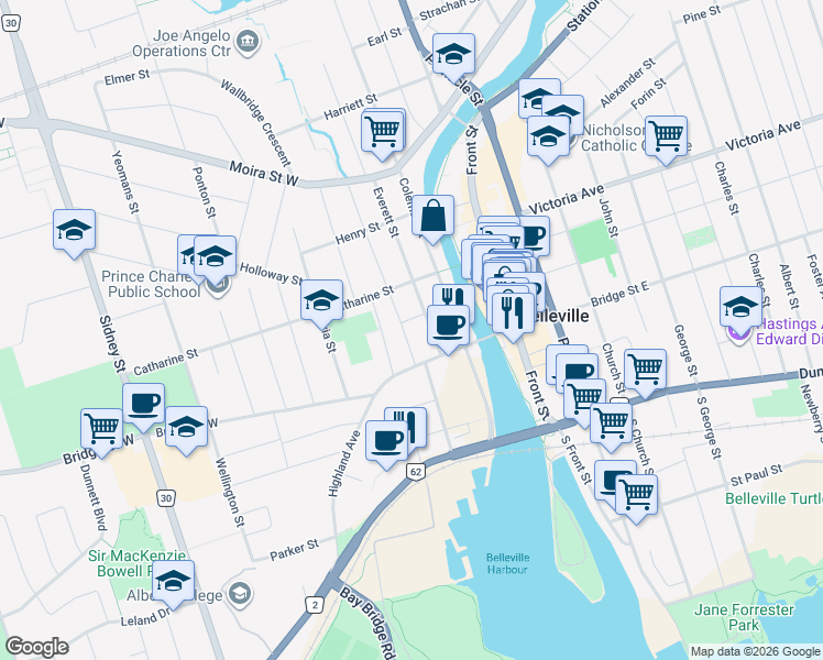 map of restaurants, bars, coffee shops, grocery stores, and more near in Belleville