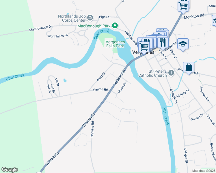 map of restaurants, bars, coffee shops, grocery stores, and more near 78 West Main Street in Vergennes