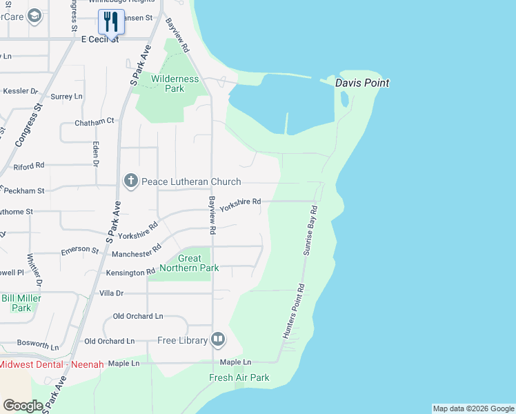 map of restaurants, bars, coffee shops, grocery stores, and more near 1360 Yorkshire Court in Neenah